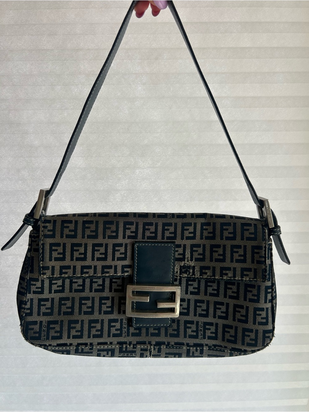 Fendi Navy and Grey Zucca Shoulder Bag with Logo Buckle